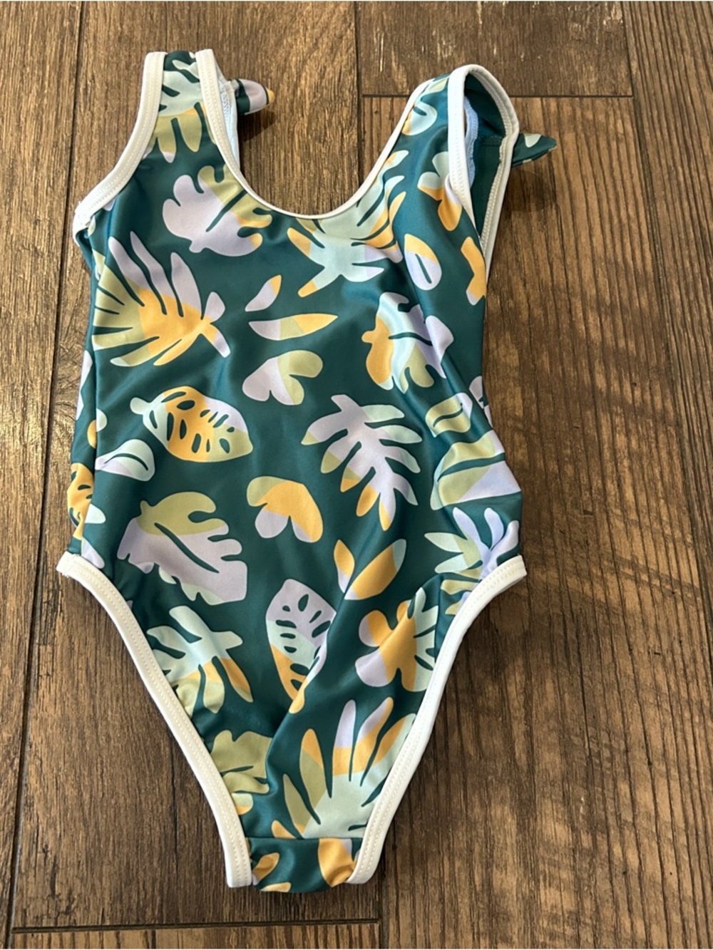 Girls Green Tropical Leaf One-Piece Swimsuit with Yellow Accents